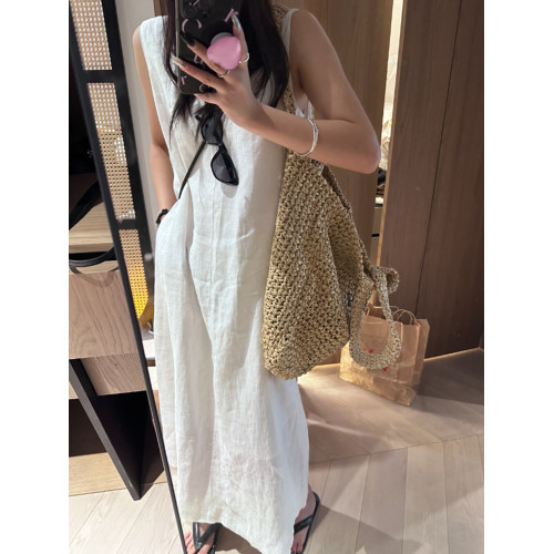亞麻連衣裙氣質裙子女夏特殊對絲工藝棉麻V領無袖長裙背心裙