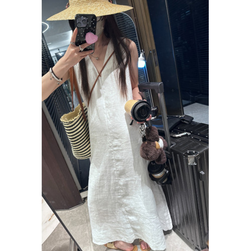 亞麻連衣裙氣質裙子女夏特殊對絲工藝棉麻V領無袖長裙背心裙