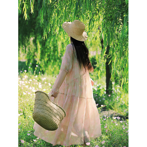 【萊賽爾】飛鳥和新酒粉色連衣裙女寬鬆2025夏季新款中長款天絲裙