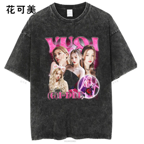 復古歐美潮牌搞笑創意圓領寬松美式印花水洗做舊短袖男t恤