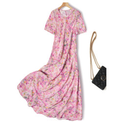 立體斜裁！桑蠶絲暈染印花短袖法式真絲連衣裙時尚修身長裙顯瘦女