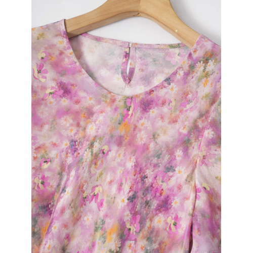 立體斜裁！桑蠶絲暈染印花短袖法式真絲連衣裙時尚修身長裙顯瘦女