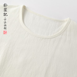 原創亞麻圓領男t恤寬松中式打底衫短袖透氣薄棉麻大碼夏季居士服