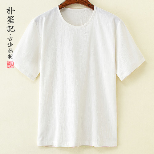 原創亞麻圓領男t恤寬松中式打底衫短袖透氣薄棉麻大碼夏季居士服