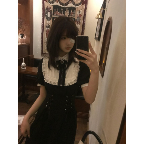 哥特蕾服量産型黑色收腰連衣裙設計感小衆亞文化裙子日系復古長裙