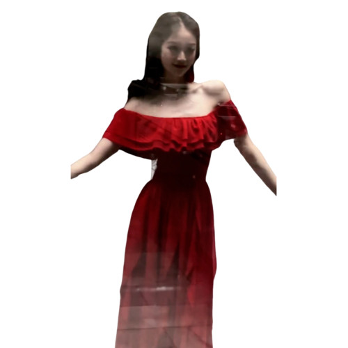 法式一字肩荷葉邊紅色連衣裙子女裝夏季2026新款度假沙灘收腰長裙