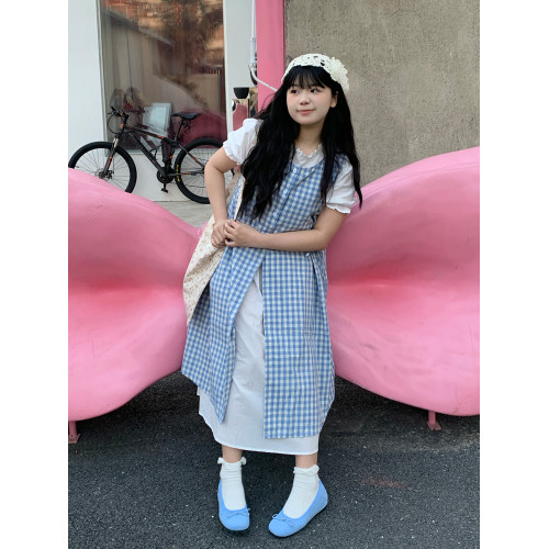 鹽三三2025夏裝新款日系小個子穿搭套裝減齡格子曡穿兩件套連衣裙