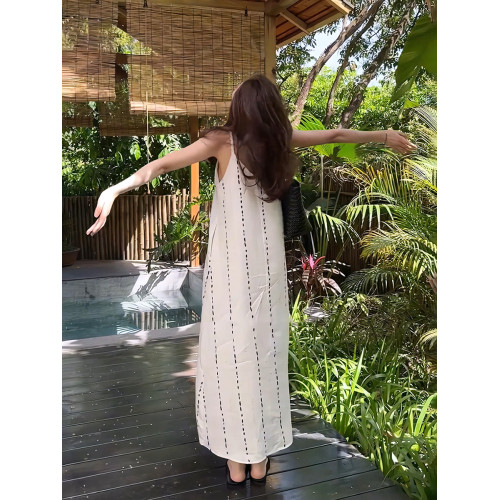 法式度假亞麻水滴印花麻花扭結吊帶連衣長裙夏季新款簡約風女