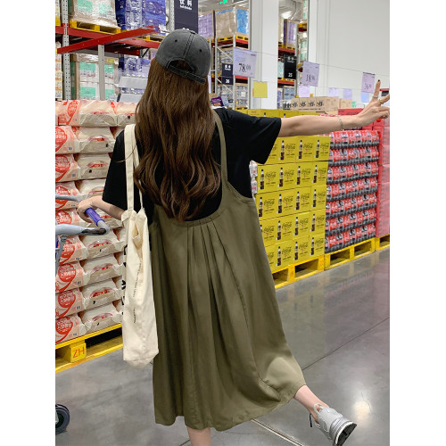 假兩件連衣裙女夏季寬松大碼微胖mm孕婦遮肚子減齡顯瘦中長背帶裙