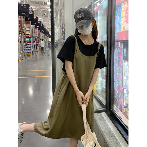 假兩件連衣裙女夏季寬松大碼微胖mm孕婦遮肚子減齡顯瘦中長背帶裙