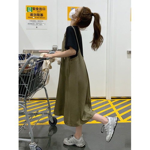 假兩件連衣裙女夏季寬松大碼微胖mm孕婦遮肚子減齡顯瘦中長背帶裙