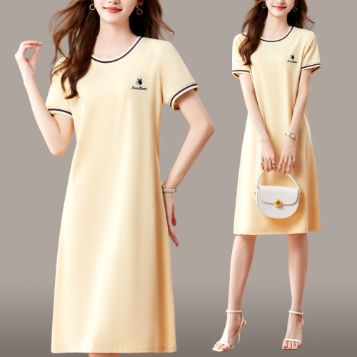 皮爾卡丹品牌短袖T恤女士夏裝連衣裙2025新款夏季減齡顯瘦中長裙