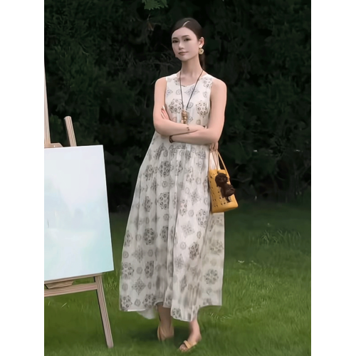 復古印花無袖背心連衣裙女2025年夏季新款韓系收腰溫柔風大擺長裙