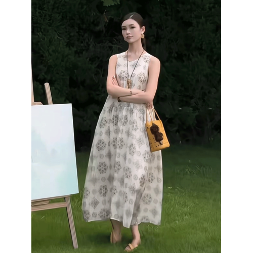 復古印花無袖背心連衣裙女2025年夏季新款韓系收腰溫柔風大擺長裙