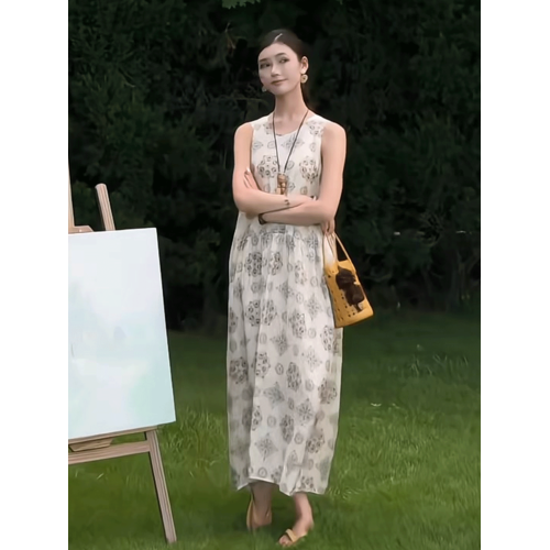 復古印花無袖背心連衣裙女2025年夏季新款韓系收腰溫柔風大擺長裙