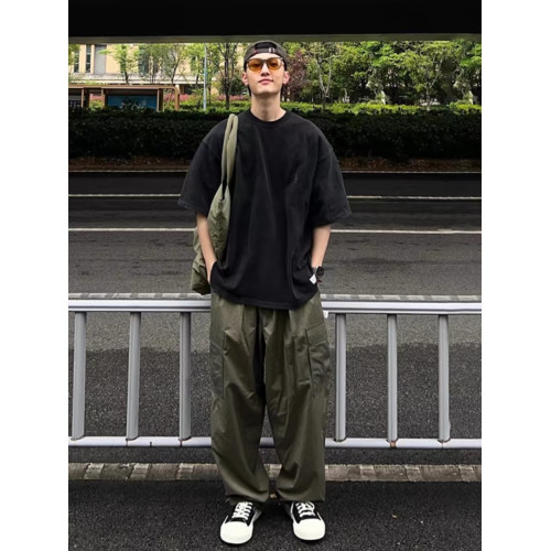 美式高克重磅男t恤水洗做舊菸灰色短袖日系小領口oversize七分袖