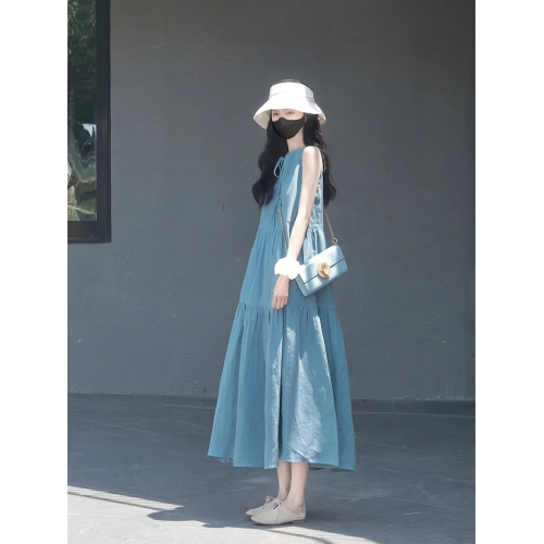 XZOXZO法式文藝高級感系帶無袖連衣裙夏季氣質慵懶寬松度假長裙女