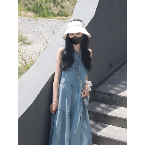 XZOXZO法式文藝高級感系帶無袖連衣裙夏季氣質慵懶寬松度假長裙女