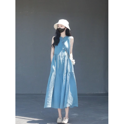 XZOXZO法式文藝高級感系帶無袖連衣裙夏季氣質慵懶寬松度假長裙女