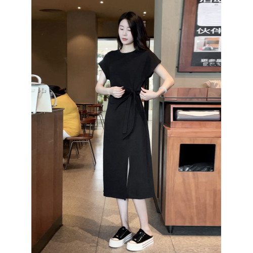 Mayya Plus 抽褶開叉短袖連衣裙女系帶收腰設計感氣質顯瘦A字裙子