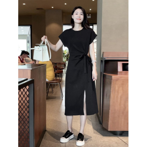 Mayya Plus 抽褶開叉短袖連衣裙女系帶收腰設計感氣質顯瘦A字裙子