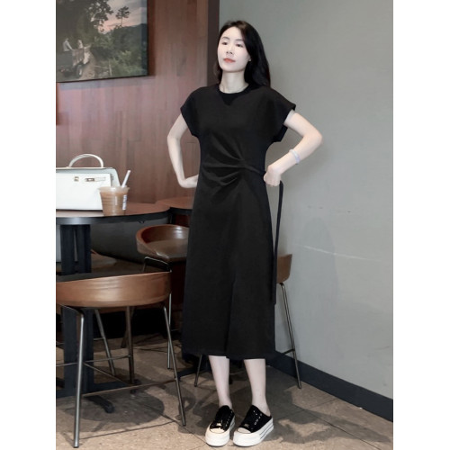 Mayya Plus 抽褶開叉短袖連衣裙女系帶收腰設計感氣質顯瘦A字裙子