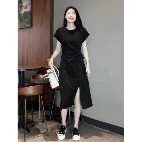 Mayya Plus 抽褶開叉短袖連衣裙女系帶收腰設計感氣質顯瘦A字裙子