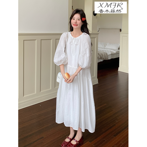香木菲然港風法式白色連衣裙女夏季高級絕美寬松泡泡袖溫柔風長裙