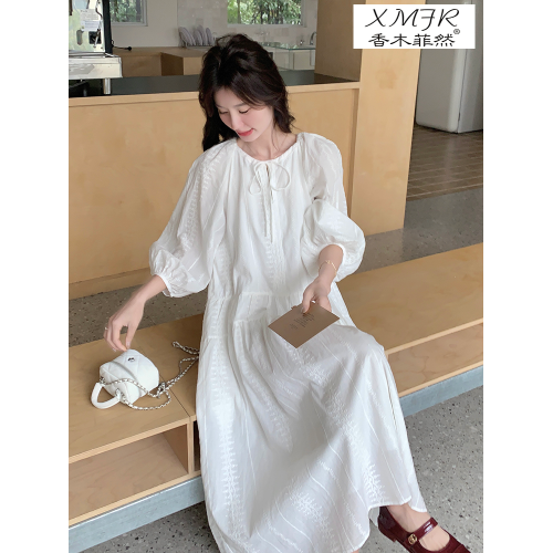 香木菲然港風法式白色連衣裙女夏季高級絕美寬松泡泡袖溫柔風長裙