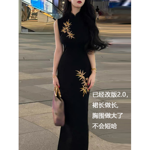 【加長版】高個子170夏季新中式包臀到腳踝修身彈力旗袍連衣裙女