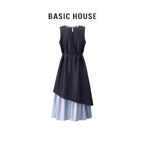 百家好/Basic House25年春季掛件圓領撞色拼接假兩件背心連衣裙