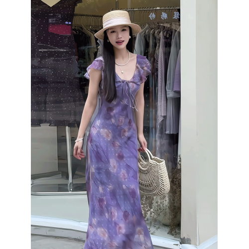 法式荷葉邊紫色印花連衣裙女2025夏季新款溫柔風氣質收腰顯瘦長裙