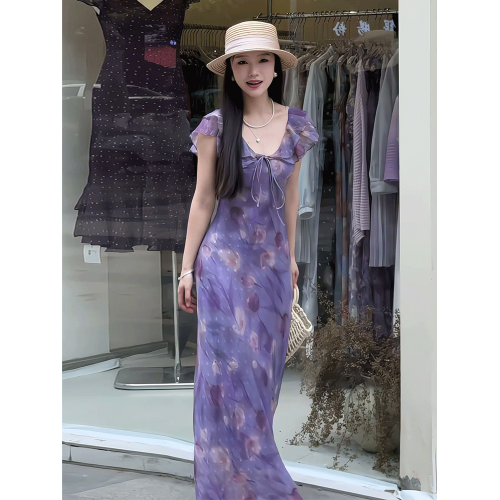 法式荷葉邊紫色印花連衣裙女2025夏季新款溫柔風氣質收腰顯瘦長裙