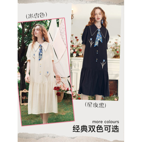 兩三事法式襯衫連衣裙2025新款夏季印花刺綉寬松短袖長裙濃情香鬱