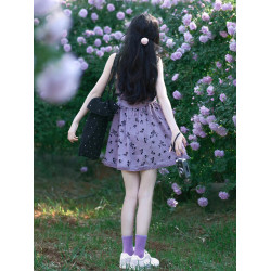 小個子v領紫色碎花吊帶連衣裙子女夏季2025新款夏日絕美法式短裙