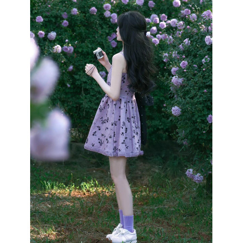 小個子v領紫色碎花吊帶連衣裙子女夏季2025新款夏日絕美法式短裙