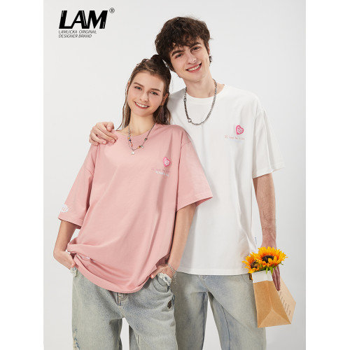 LAMLICKA粉色貼章短袖2024新款男T恤夏季潮牌情侶裝落肩體恤寬松