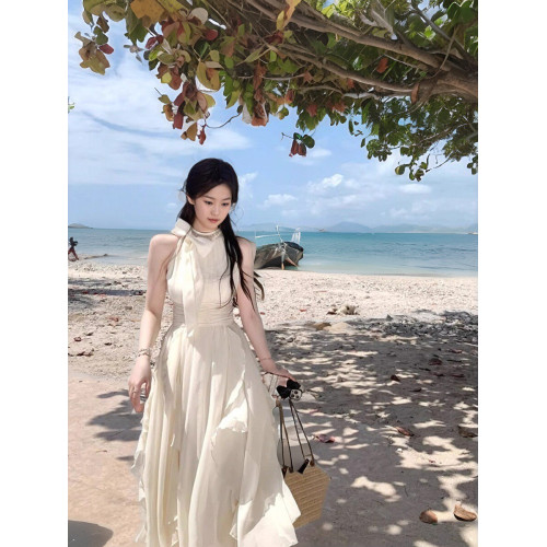 法式甜美溫柔風無袖掛脖連衣裙夏季小衆高級感收腰荷葉邊仙女長裙
