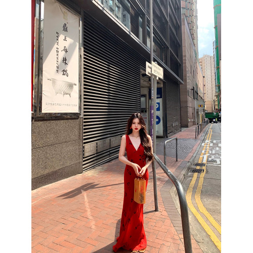 法式復古V領無袖紅色連衣裙女夏季2025新款收腰顯瘦長款魚尾裙子