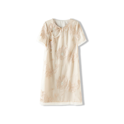 素木氣質掛墜刺綉連衣裙女夏季復古大碼女裝2025年新款新中式裙子