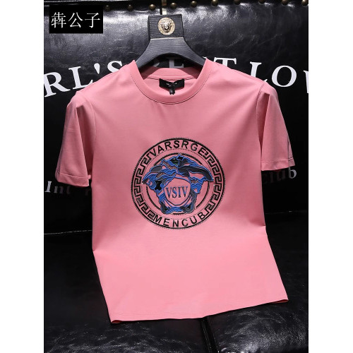 男t恤短袖高級感潮流時尚個性粉色圓領半袖美式休閒男士新款夏裝