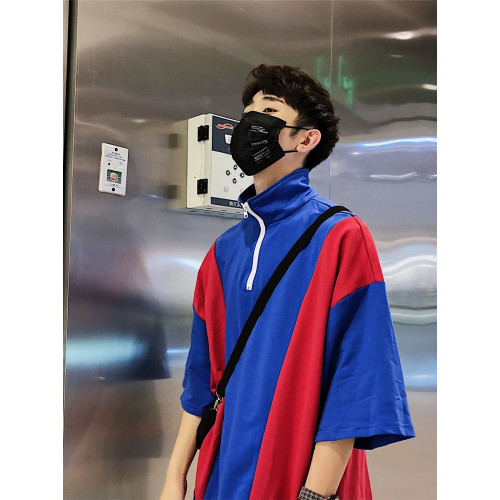 polo衫拉鍊短袖男t恤上衣女寬松bf風半高領拼接撞色嘻哈潮流夏季