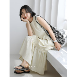 三吋時4650/浪漫文藝拼接裙擺無袖連衣裙法式氣質背心中長連衣裙