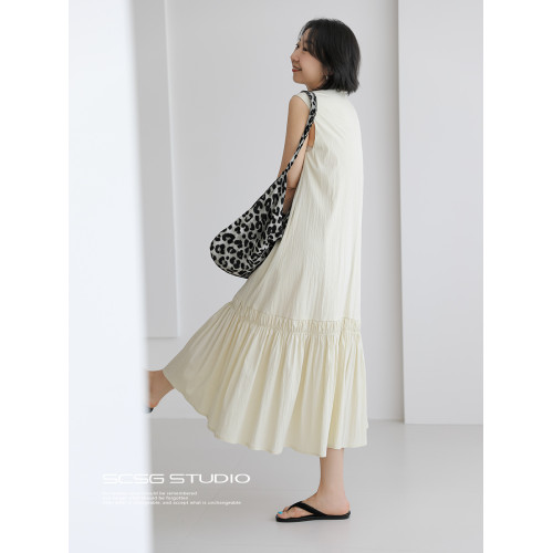 三吋時4650/浪漫文藝拼接裙擺無袖連衣裙法式氣質背心中長連衣裙