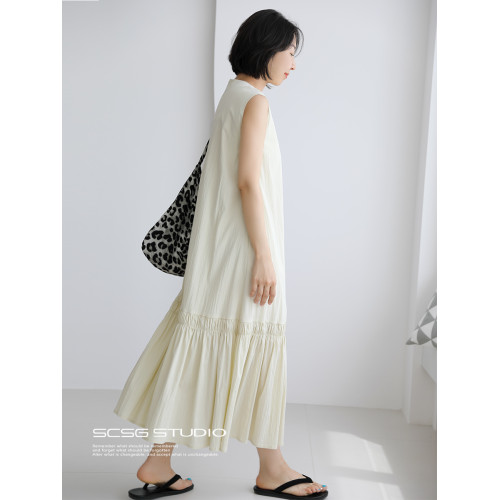 三吋時4650/浪漫文藝拼接裙擺無袖連衣裙法式氣質背心中長連衣裙