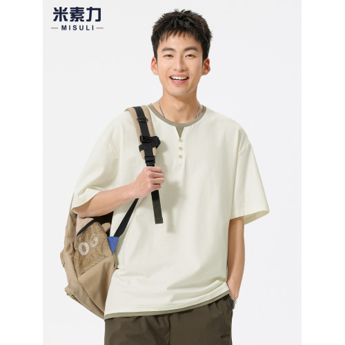 夏季薄款輕奢高級感V領短袖男T恤高級肌理感半袖假兩件休閒上衣服