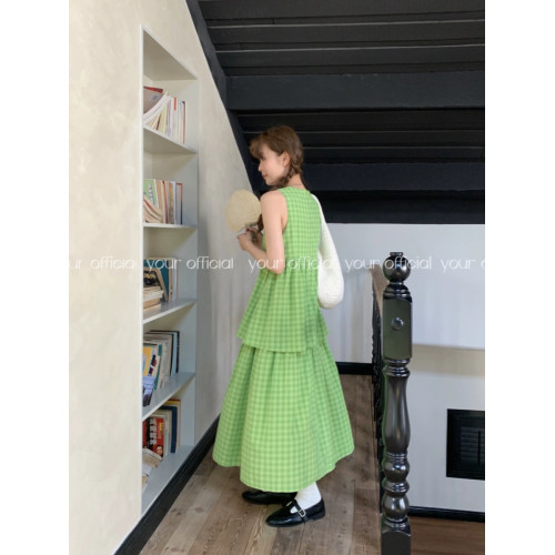 春日來信～顯白綠格背心蛋糕假兩件裙春夏鹽系吊帶寬松格子連衣裙