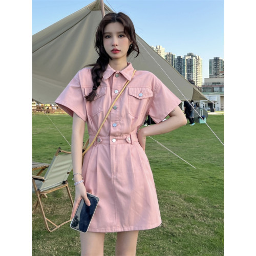 Z家牛仔連衣裙女裝夏季2025復古港風短袖收腰顯瘦氣質襯衫短裙子