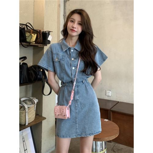 Z家牛仔連衣裙女裝夏季2025復古港風短袖收腰顯瘦氣質襯衫短裙子