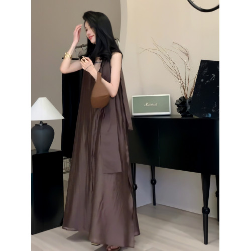 法式復古飄帶V領無袖連衣裙女2025夏季新款韓系慵懶風寬松A字長裙